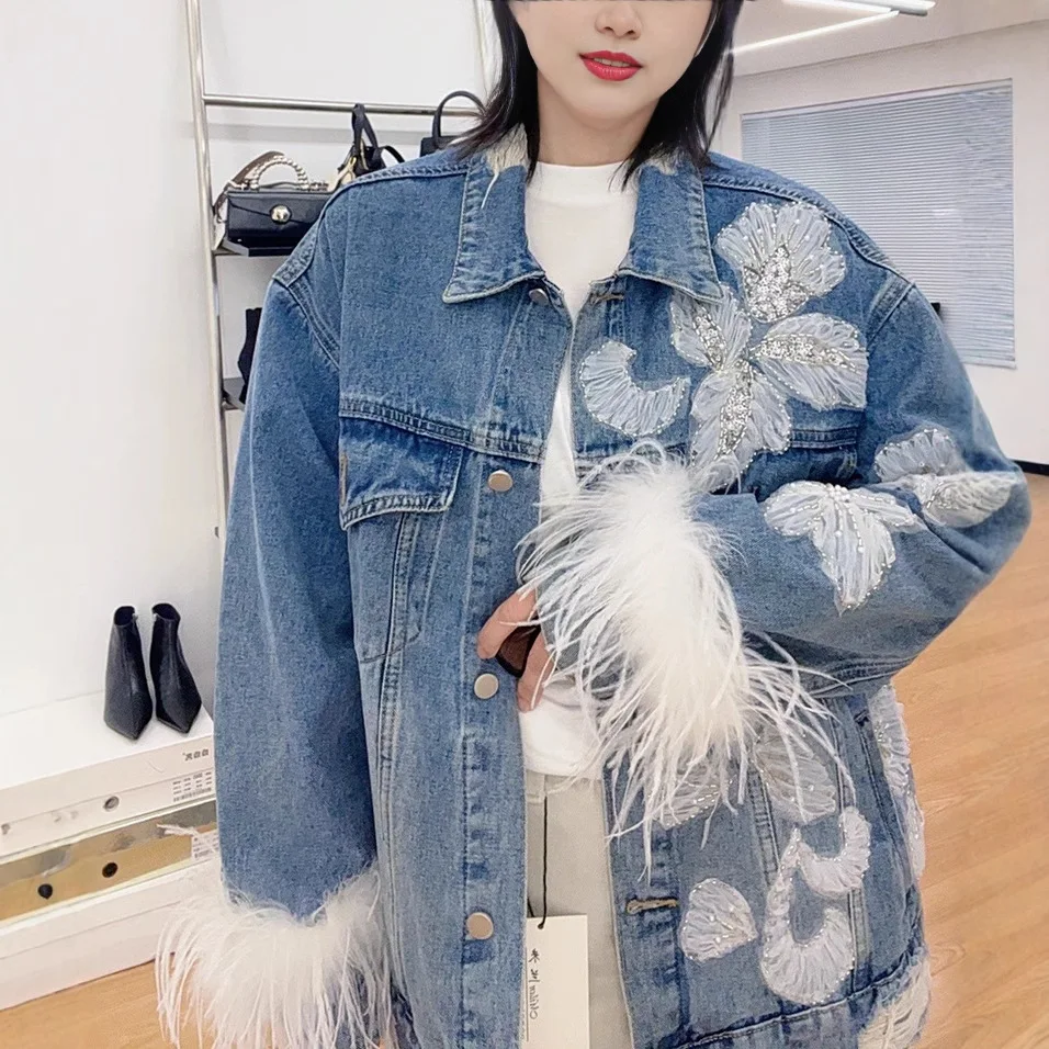 

Женская джинсовая куртка с бриллиантами и бисером и цветочным принтом, весеннее кружевное джинсовое пальто с цветами и блестками, джинсовое пальто с 3D манжетами из перьев, ковбойский кардиган, топы