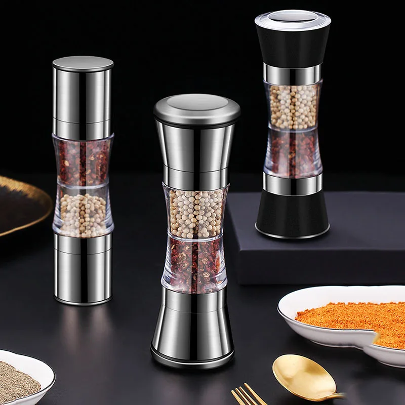 Two-in-one Pepper Grinder Stainless Steel Double-head Kitchen Gadgets Sea Salt Spice Manual Two-head Grinder