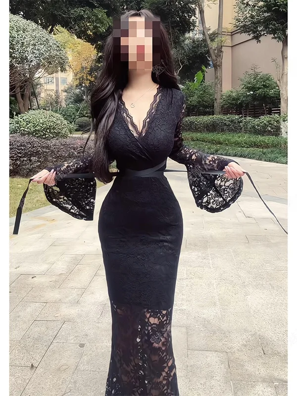 

Черное кружевное платье с длинными рукавами и V-образным вырезом, женское сексуальное платье с завышенной талией, юбка-рыбий хвост, вечернее платье для вечеринок, весна-осень-зима