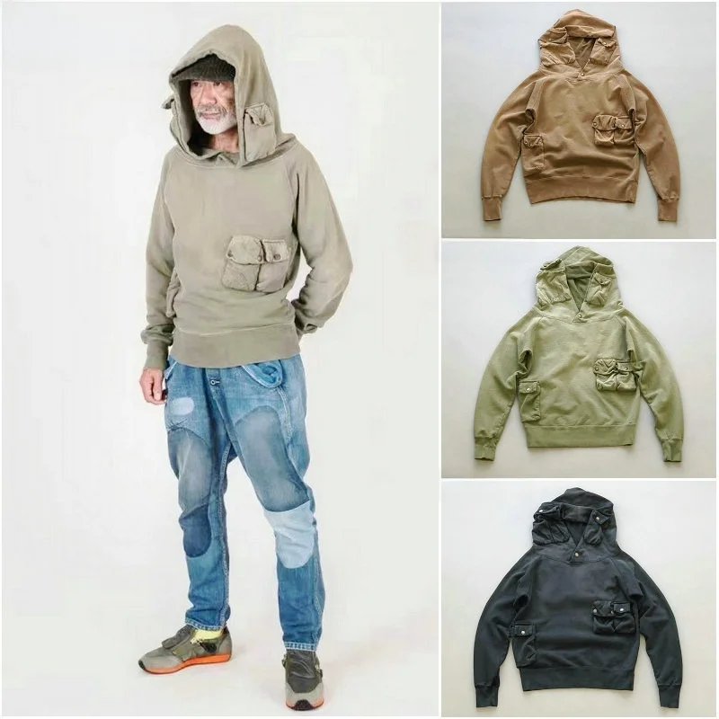 

Loose Fit Hoodie with Multiple kets Wax Dye Waed Japanese Sle Casual Youth Cotton Sweatirt for Autumn Season