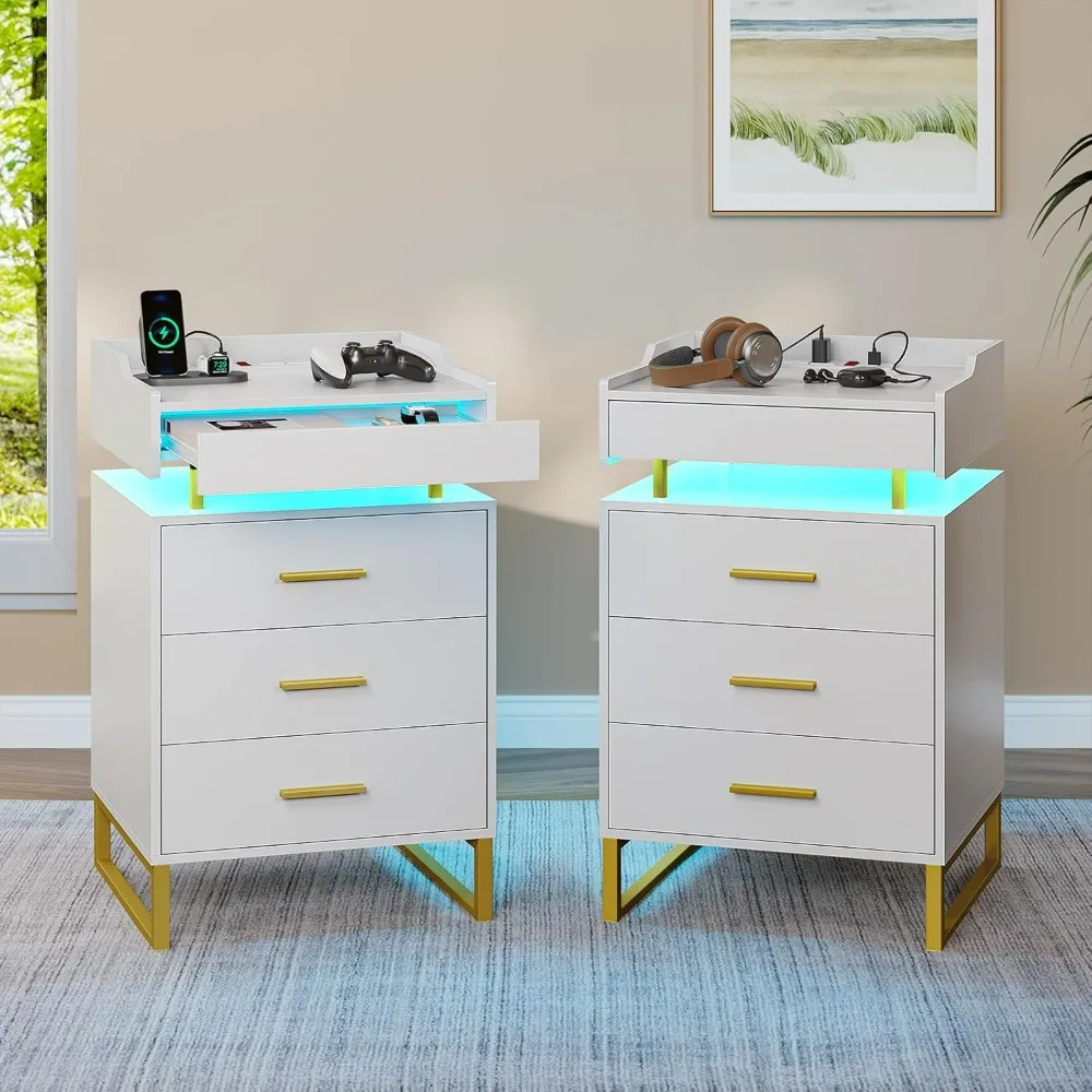 Nightstand Set of 2 with Charging Station, LED Night Stand with Pull-Out Tray with Drawers, Modern End Table Storage Cabniet