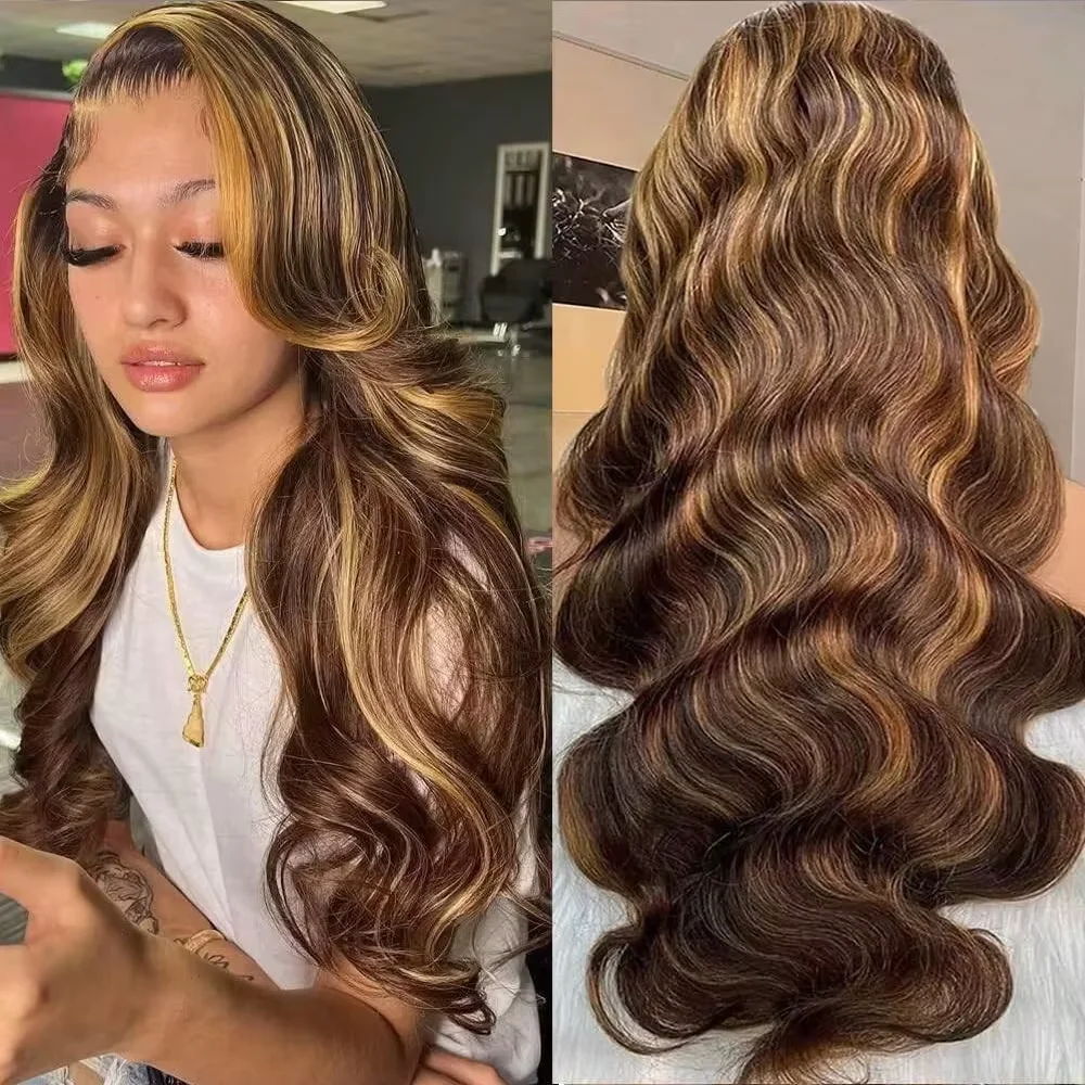 180% 200% Density Remy Human Hair Body Wave Wigs P4/27 Highlight Colored 13x4 13x6 HD Transpatent Lace Frontal Wig 18-46 Inch Pre Plucked Hair For Women