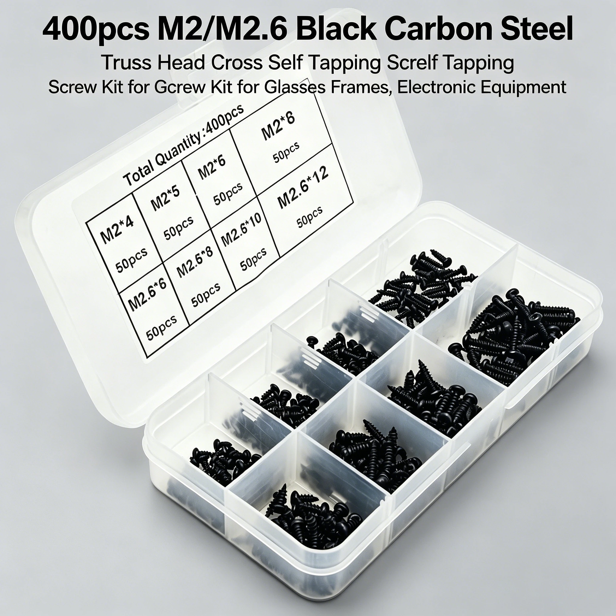 Small Self Tapping Screws 400pc M2 M2.6 Black Truss Head Carbon Steel Kit for Eyeglass Repair & Electronics