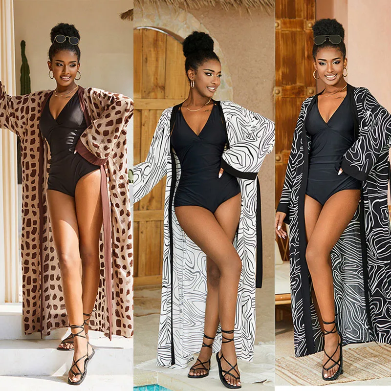 

Boho Printed Long Kimono Beach Dress Bathing Suit Cover-ups Summer Clothing Tunic Women Beach Wear Swim Suit Cover Up