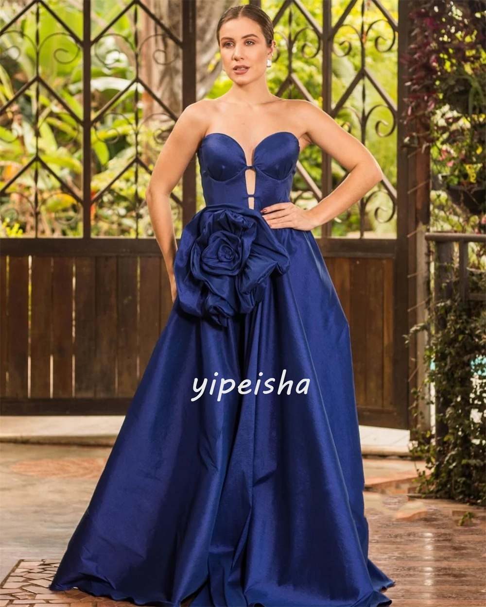 Customized Jersey Flower Ruched Wedding Party A-line Strapless Bespoke Occasion Gown Long Dresses