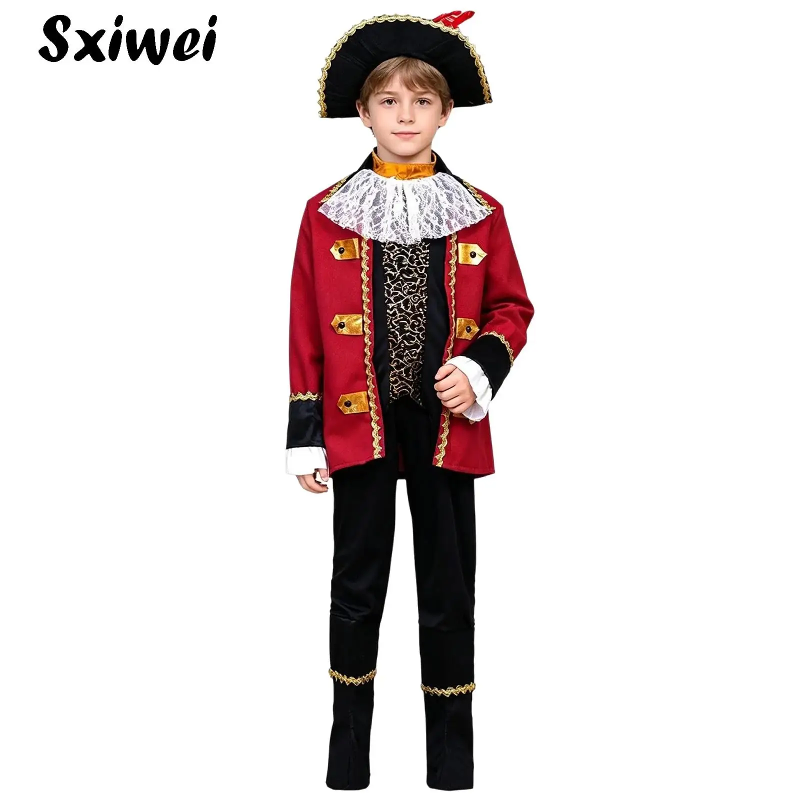 Kids Boys Girls Pirate Dress Up Costume Fantasias Halloween Captain Outfit Lace Collar Vest And Metallic Trim Jacket Pants Hat