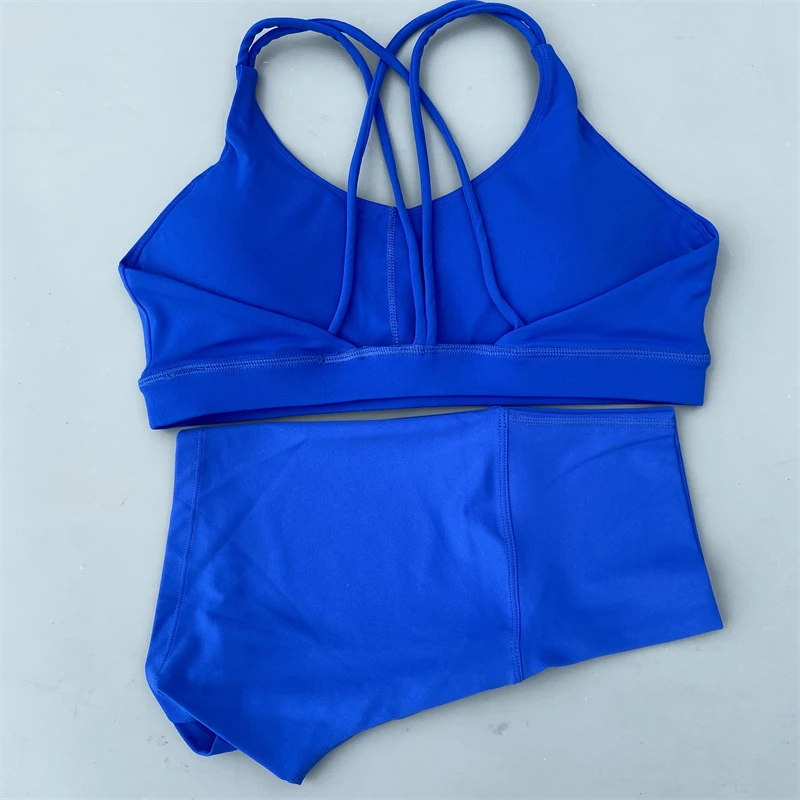 Yoga Shorts Set Gym Sports Set 2 Piece Women Workout Outfit Fitness Suit Cross Straps Bra High Waist Shorts Running Tracksuit