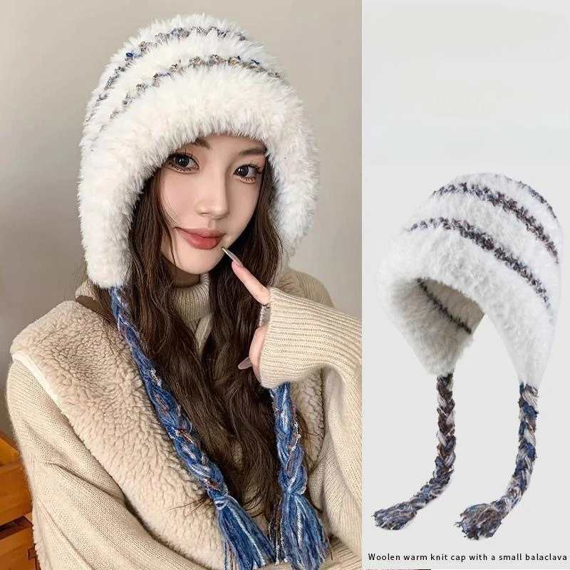 Winter Warm Ear Protection Color Rope Plush Hat Womens Versatile Windproof Knitted Wool Hat Plush Thickened Cycling Pullover Hat