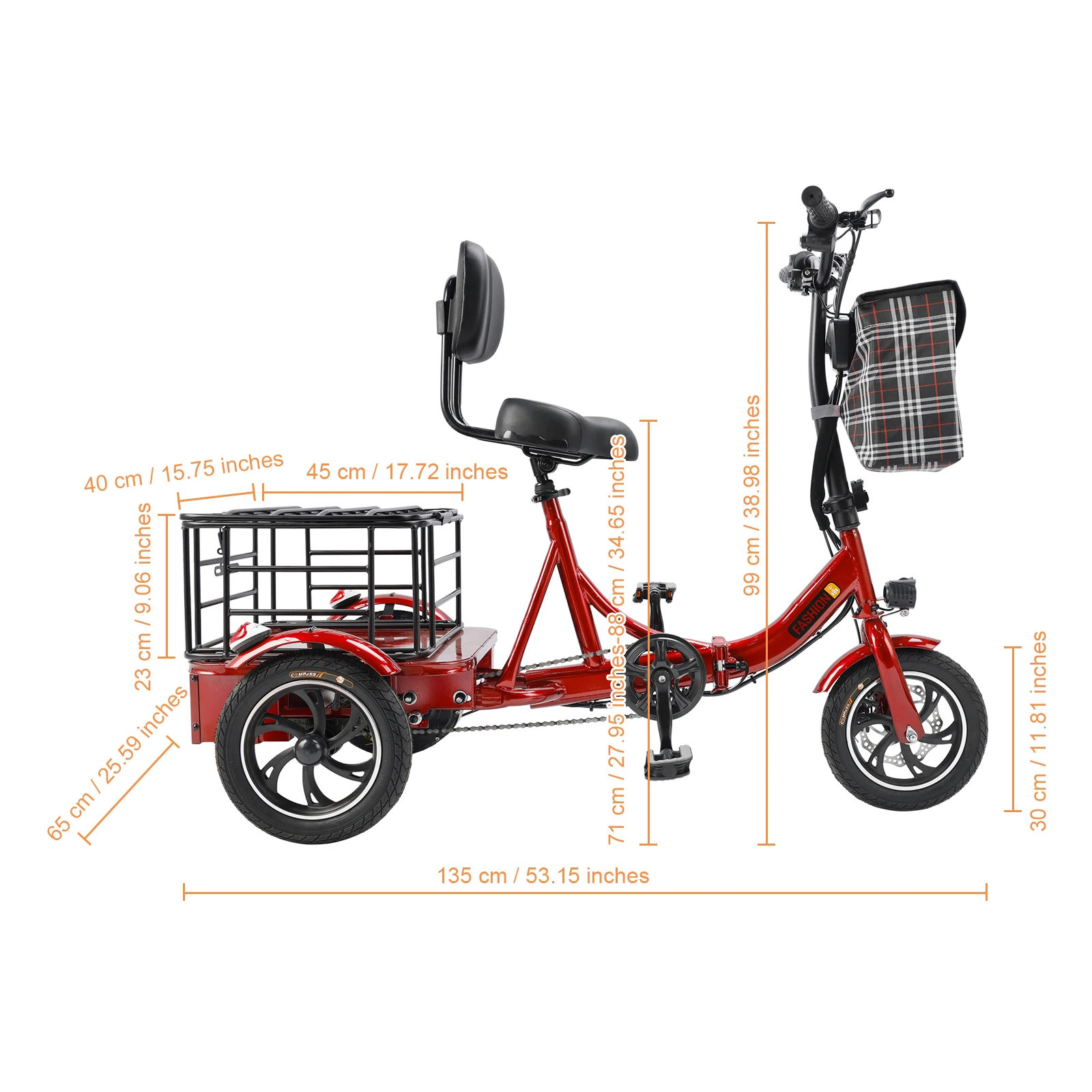 Ardubatech-triciclo elétrico dobrável com cesta, 3 rodas E-Bike, 400W, 48V, 12A, Elder