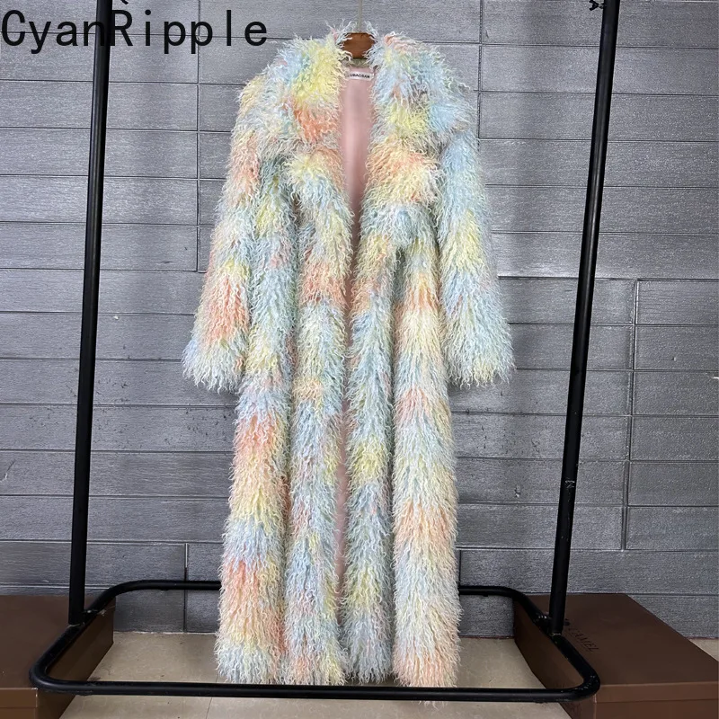 Imitation Beach Wool Multicolor Fluffy Overcoat Fashionable Winter Ultra Long Turn-down Collar Full Sleeve Warm Faux Fur Coat