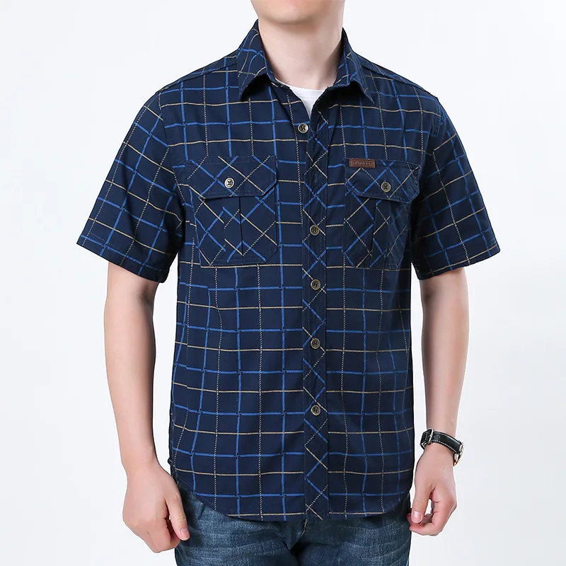 

Summer Business Casual Checkered Shirt Short Sleeved Cotton Loose Military Style for Middle-Aged And Young Men Thin Version