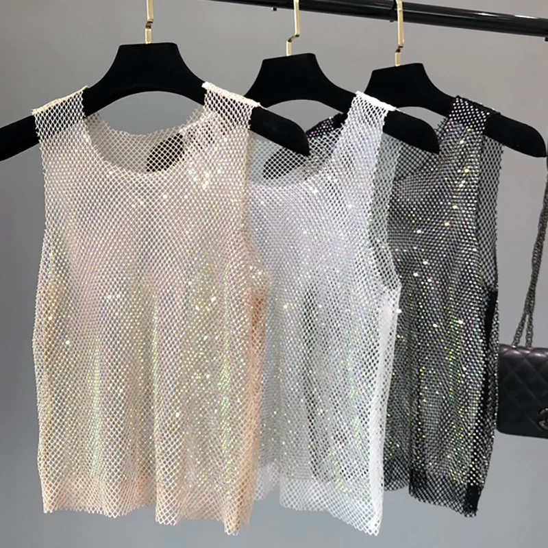 Glitter Crystal Beading Shiny Tanks y2k tops Party Club Sexy Hollow Out Diamonds Sleeveless Vest For Women Beach Party Nightclub