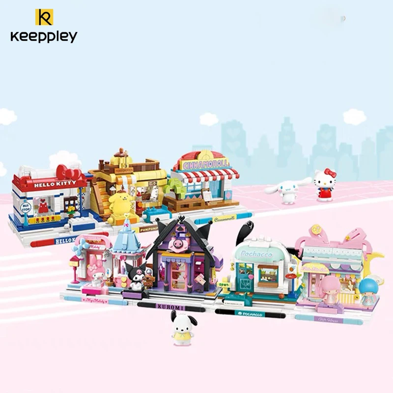 Keeppley Sanrio bloques de construcción, juguetes originales de Kuromi Melody Gemini, dibujos animados, vista de la calle, modelo de decoración, regalo para niñas, nuevo