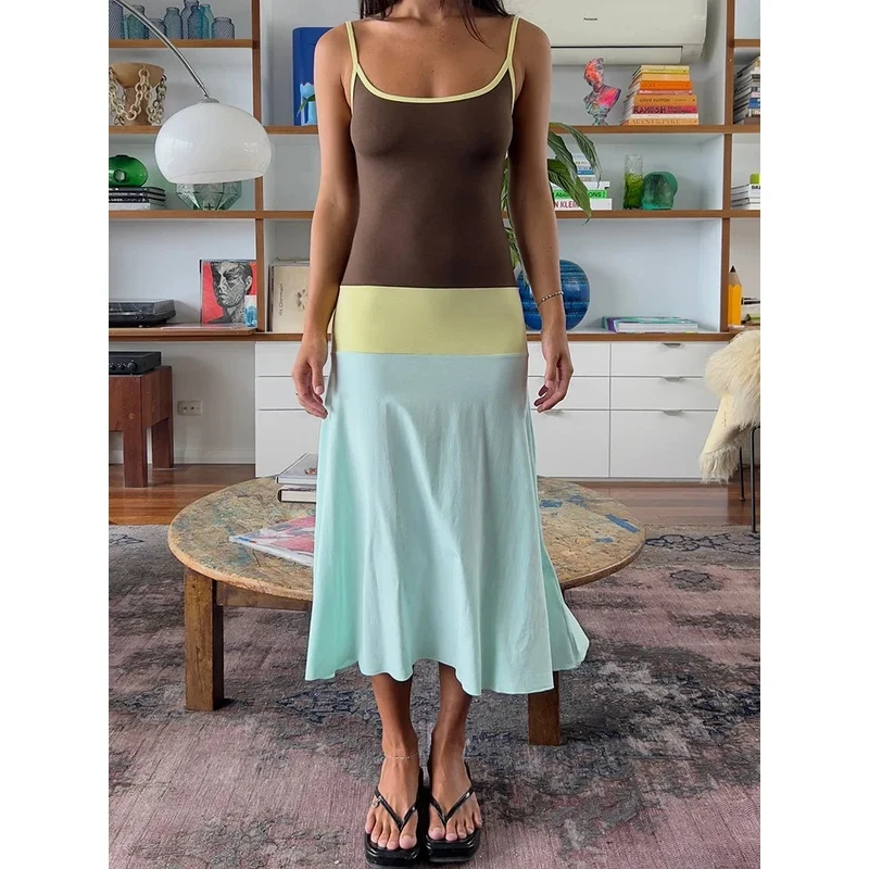 Color Blocked Sexy Midi Dress For Women 2026 Summer Spaghetti Strap Sleeveless Backless Slim Fit Vacation Club Dress