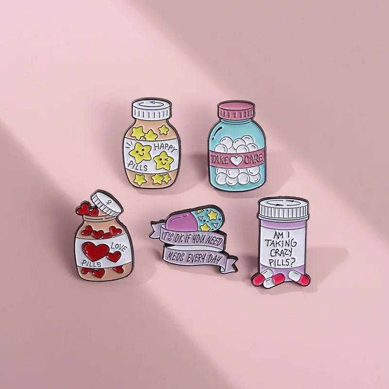 Cute Pill Enamel Brooch Take Care Happy Music Love Pill Band-Aid Creative Medicine Jar Cartoon Metal Badge Punk Lapel Pins Gift