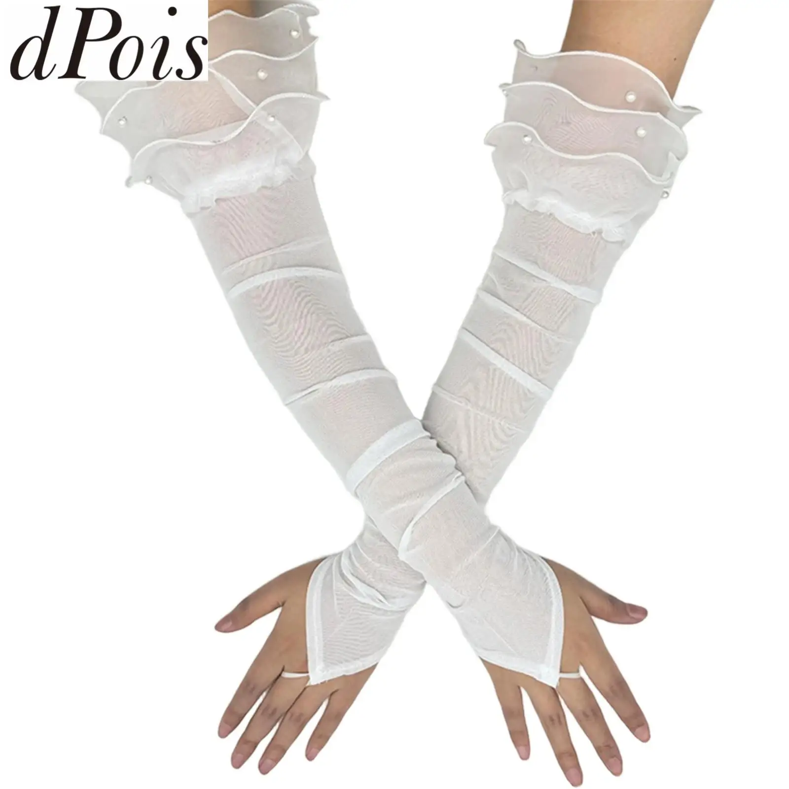 Tulle Mesh Ruffled Gloves Semi-Sheer Elbow Length Fingerless Gloves Parties Adorned Faux Pearls Mittens for Wedding Bridal Glove