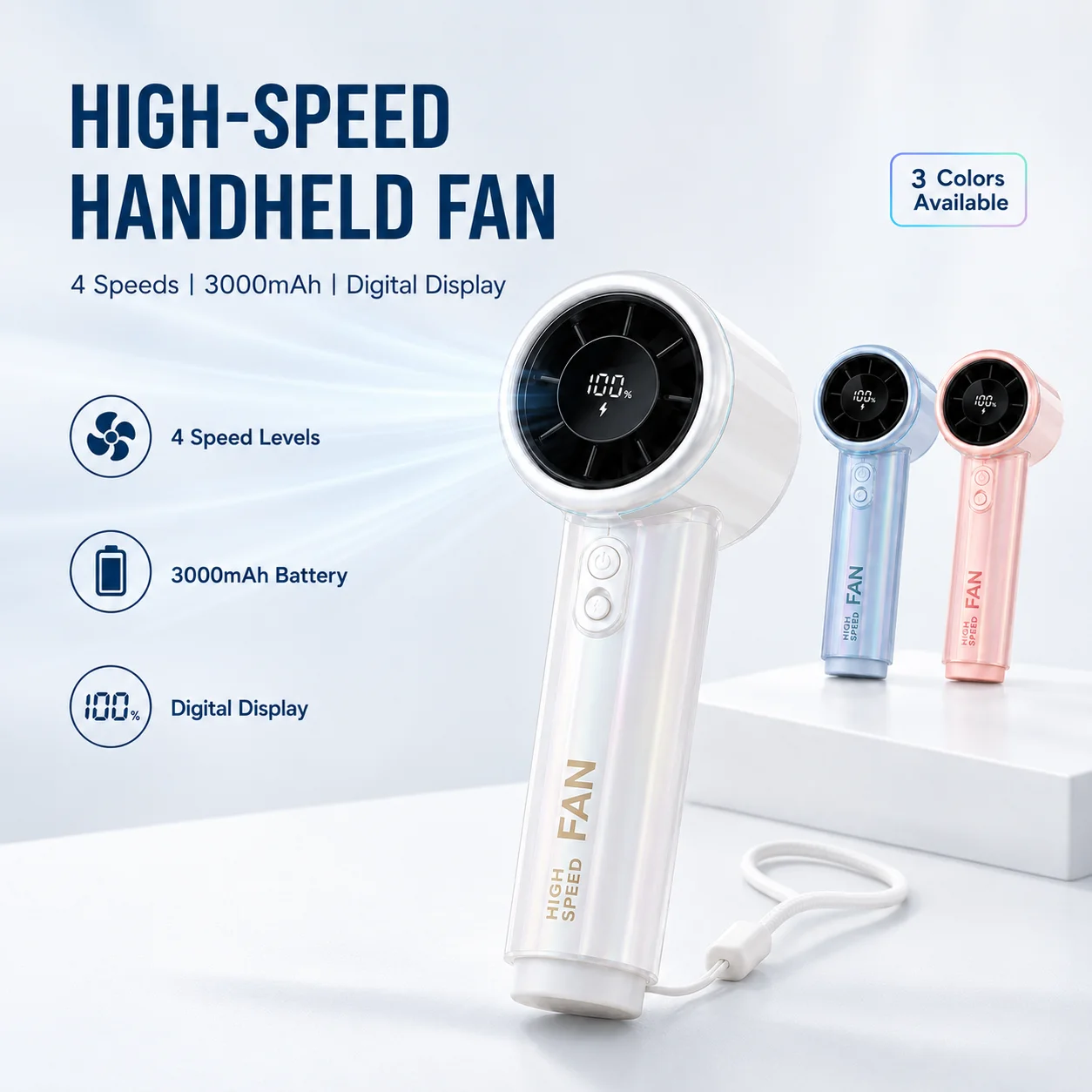 High Speed Handheld Fan, 3000mAh USB Rechargeable, 4 Speeds, Digital Display, Compact Personal Fan for Travel Office Outdoor