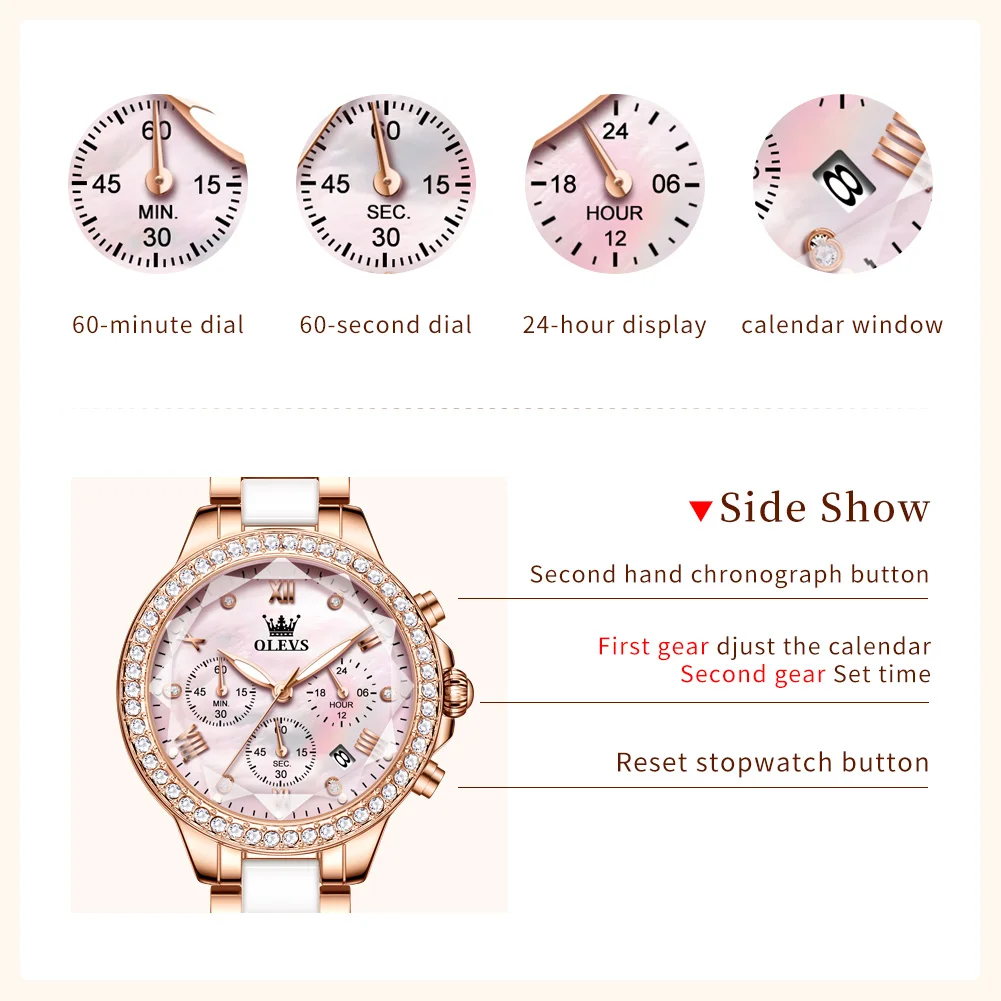 OLEVS 9999 レディース腕時計 高級菱形ミラー クォーツ 女性用腕時計 セラミックスチールストラップ クロノグラフ 日付表示 防水腕時計