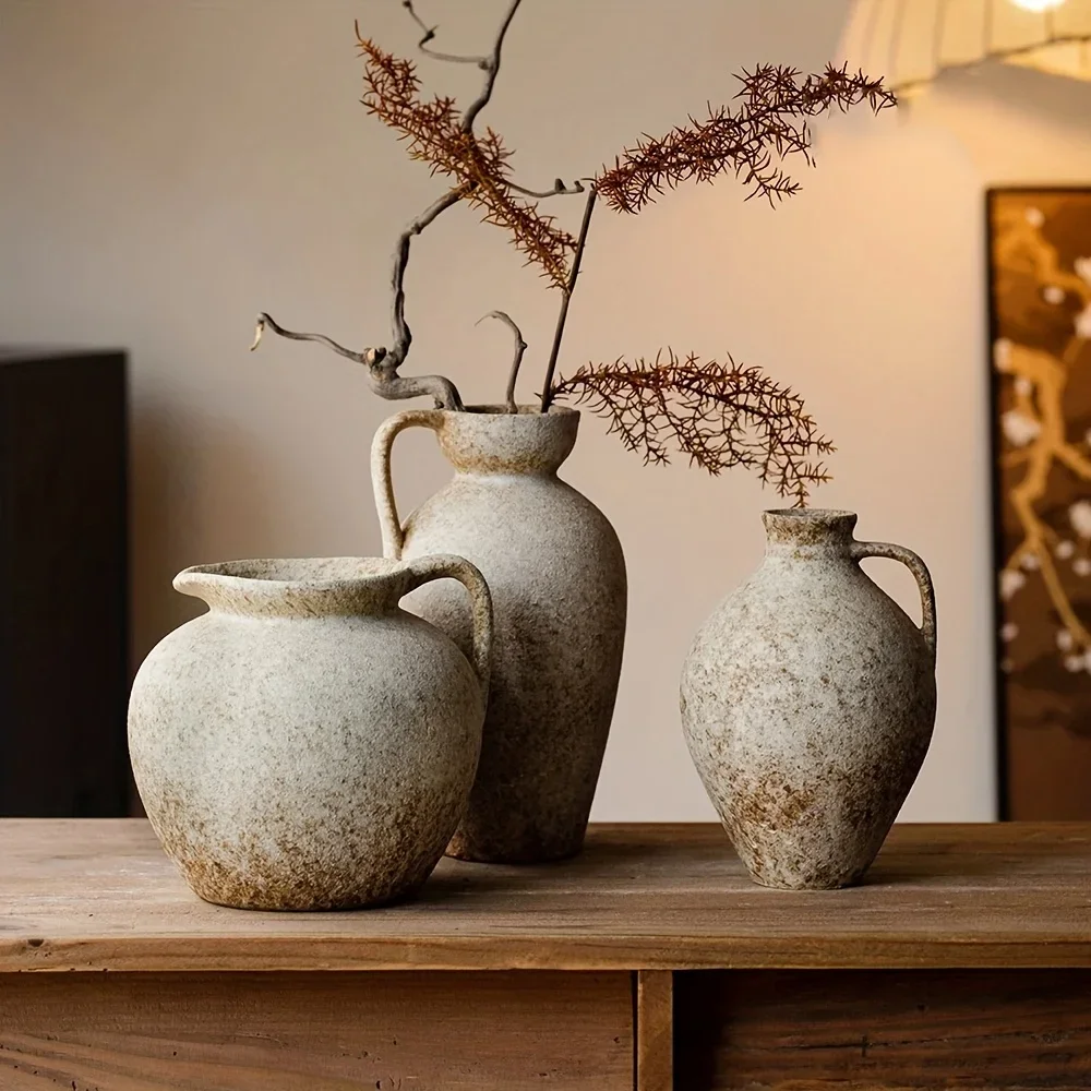 Rustic Ceramic Farmhouse Vase Home Office Kitchen Bedroom Bathroom Decor Textured Surface Room Decoration Artistic Pottery