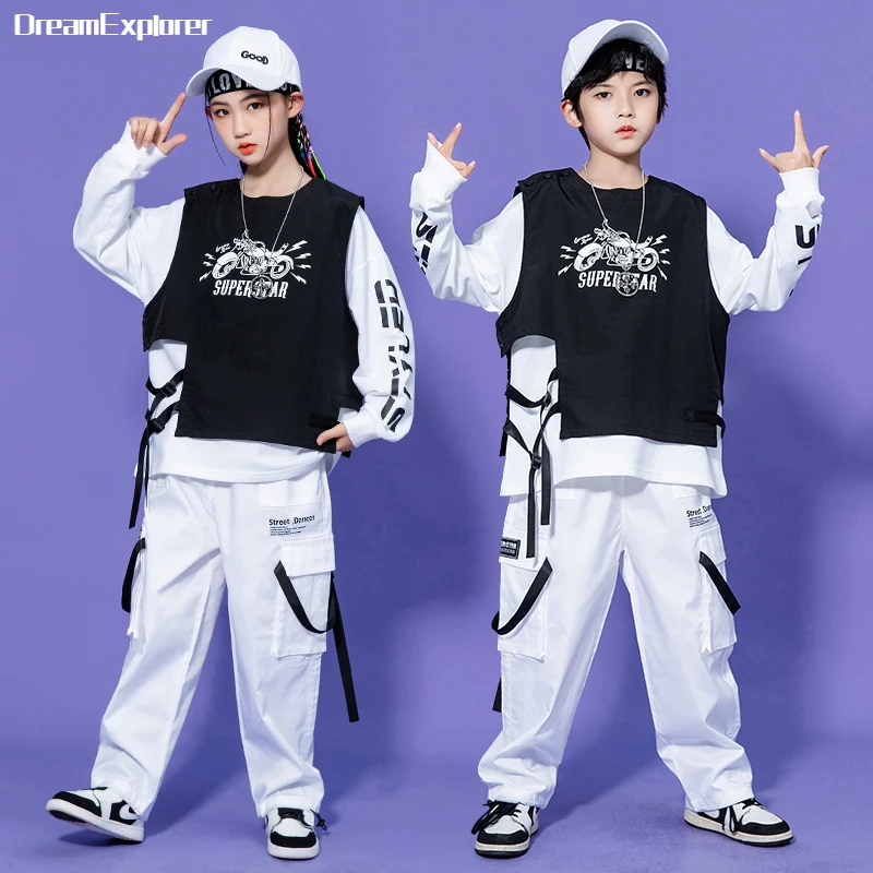 Boys Hip Hop Vest Sweatshirt Cargo Pants Girls Jazz Loose Joggers Clothes Sets Child Streetwear Kids Stage Street Dance Costumes