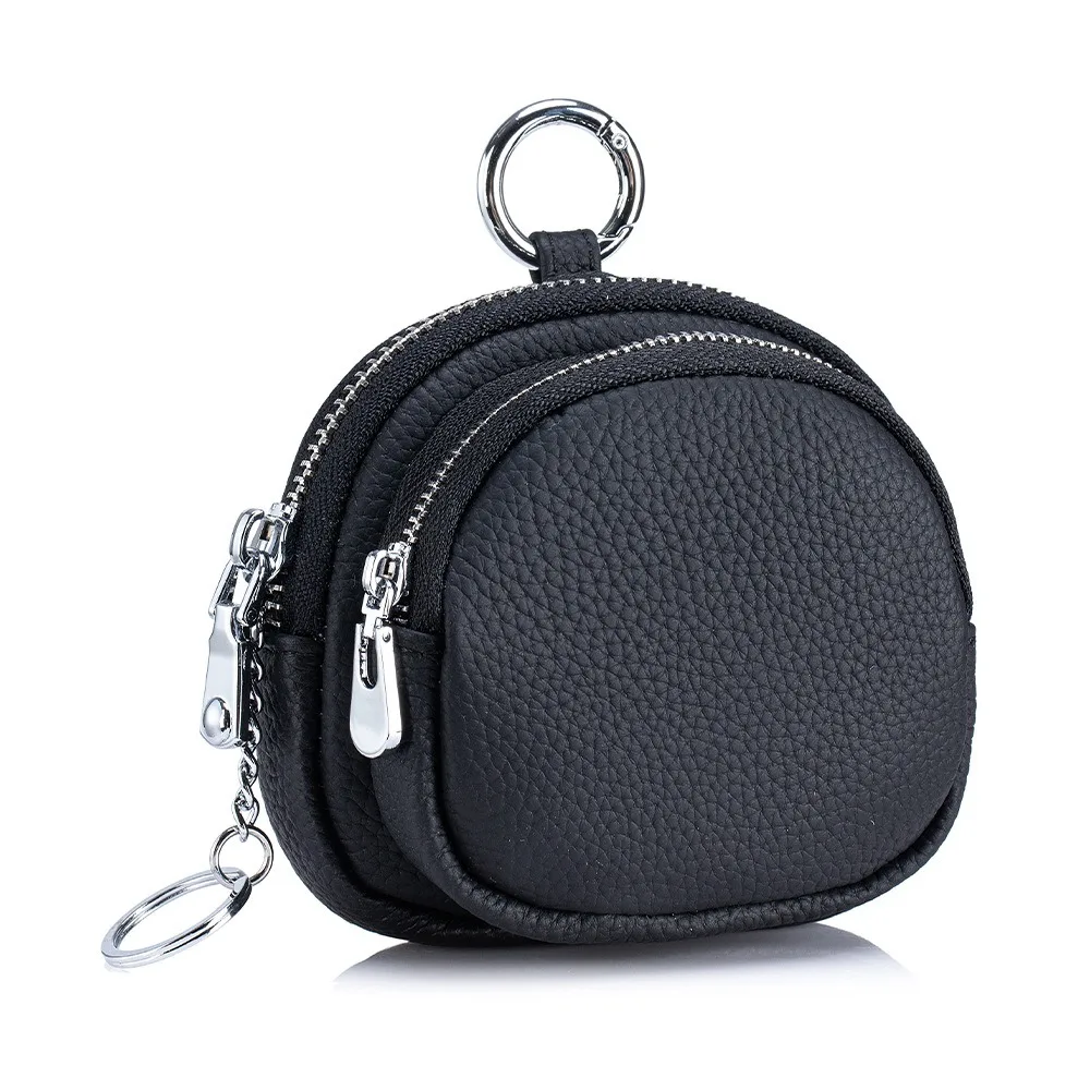 Genuine Leather Round Double-Zip Hanging Buckle Keychain Coin Purse - Premium Portable Coin Organizer with Keyring