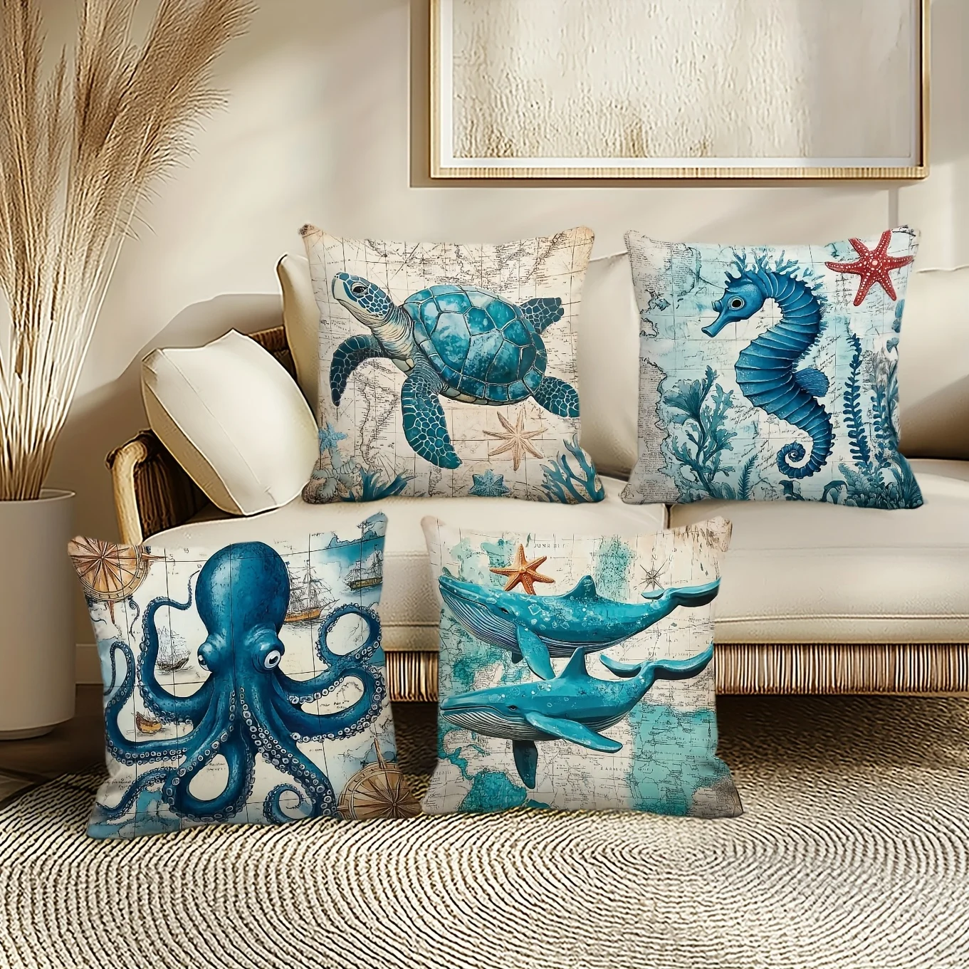 4 Piece Ocean Nautical Marine Life Printed Throw Pillow Covers Set Deep Sea Art Coastal Beach Theme Home Decor Cushion Pillowcas