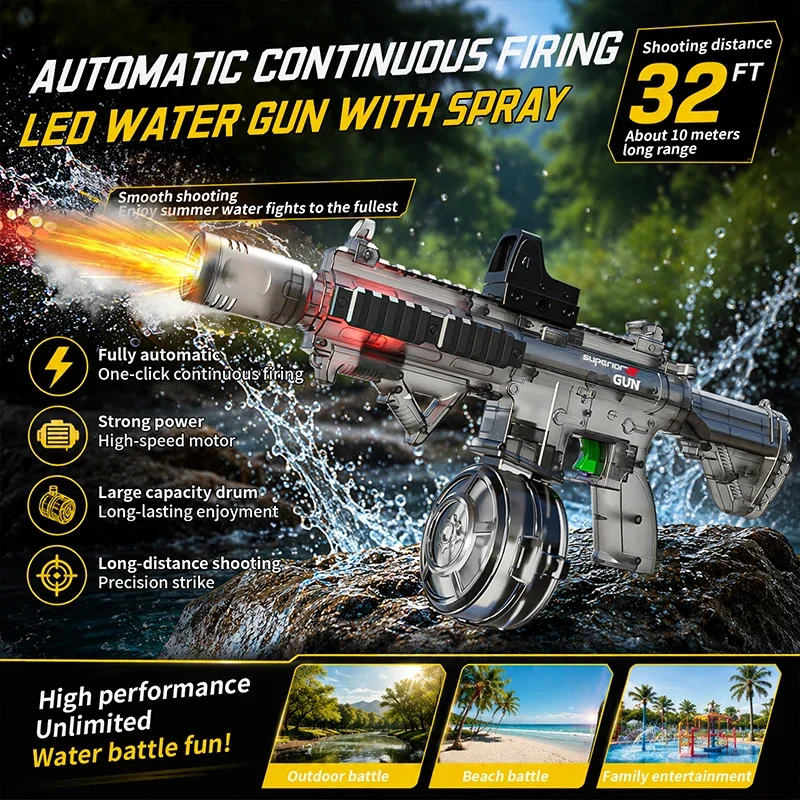 Kids Automatic Water Gun with Smoke Simulated Firing Electric Water Blasters for Children Led Light Flashing Summer Outdoor Toys view 4