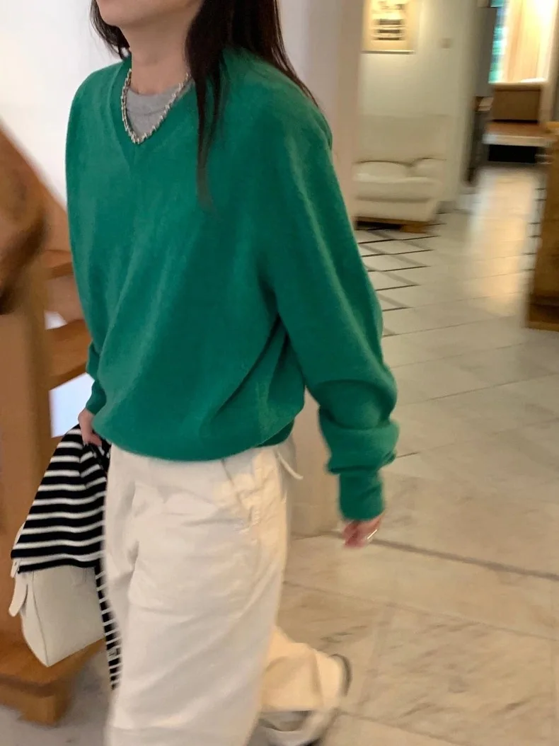 

Женский вязаный шерстяной свитер Mena с V-образным вырезом, однотонный, с длинными рукавами, мягкий, удобный, модный, для повседневной носки