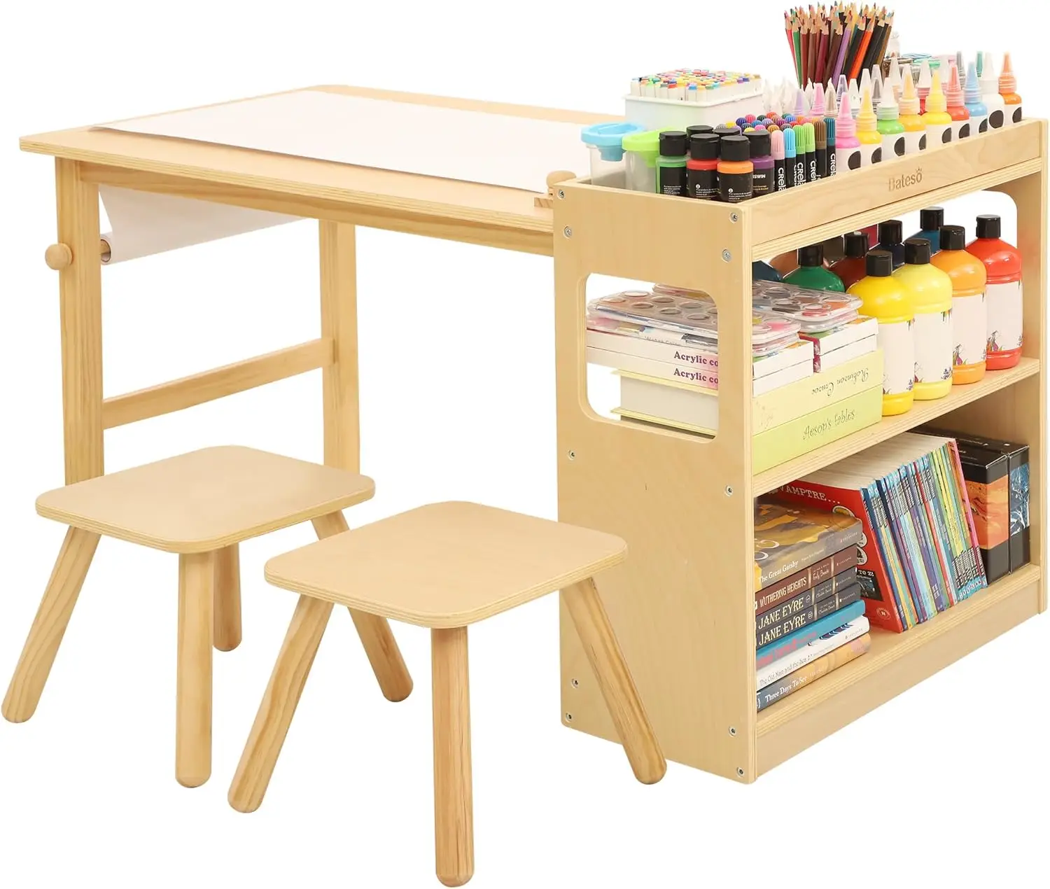 2 Chairs Set with Roll Paper - Spacious Craft Table with Storage Shelves for Drawing, Activities, and Study - I