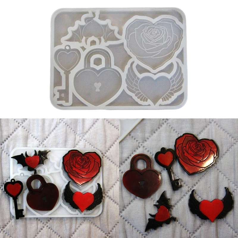 

Diy Silicone Love Rose Angel Devil Wings Lock Key Epoxy Resin Drop Glue Mirror Mold Keychain Decorative Pendant Mold