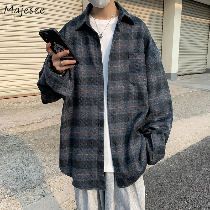 

Blends Coats Men Vintage Plaid Harajuku Handsome S-3XL Outwear Loose Fashion Korean Preppy Autumn Spring Temper Y2k All-match