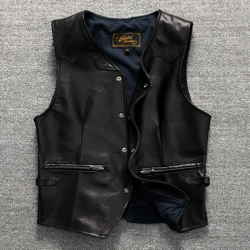 

Black Four Seasons Leather Vest Men Casual Style Plus Size 5XL Genuine Natural Sheepskin Single Breasted Short Vest