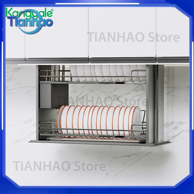 Electric Kitchen Storage Lift Shelf for High Cabinet Drop-Down Dish Rack Plate and Bowl Organizer Elevator