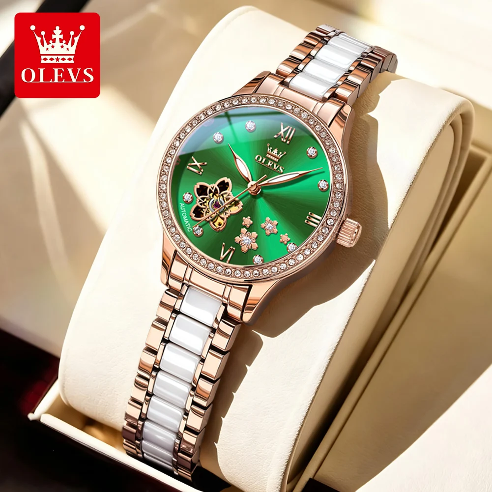 OLEVS Luxury Original Watch For Women Mechanical Woman Watch Waterproof Super Luminous Ceramics Ladies Clock Diamond Bezel 7074