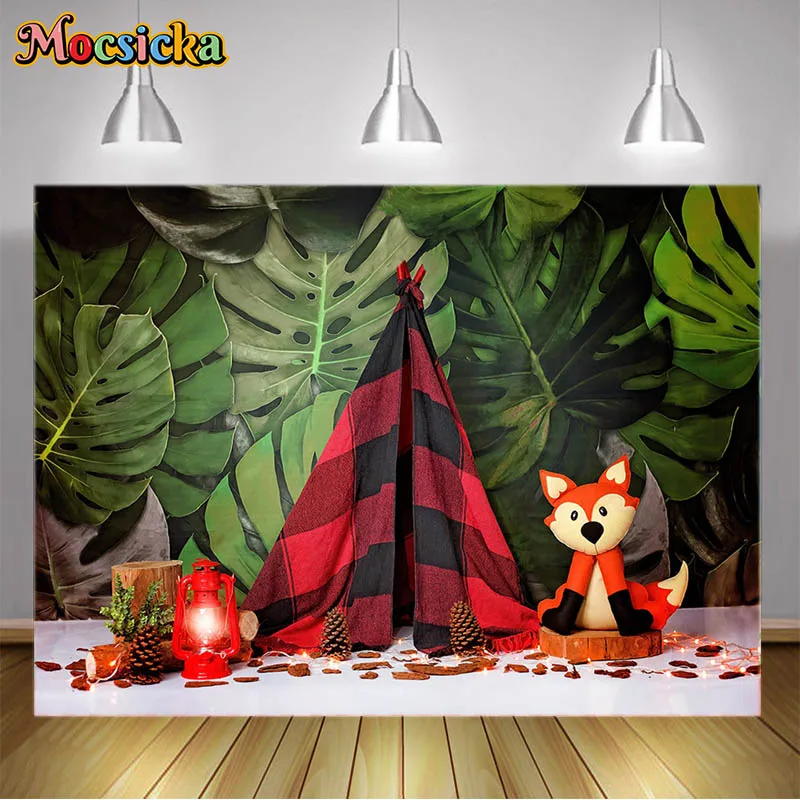 Mocsicka Jungle Theme Backdrop Palm Leaves Red Fox Tent Newborn 1st Birthday Portrait Photography Backgrounds Photo Studio