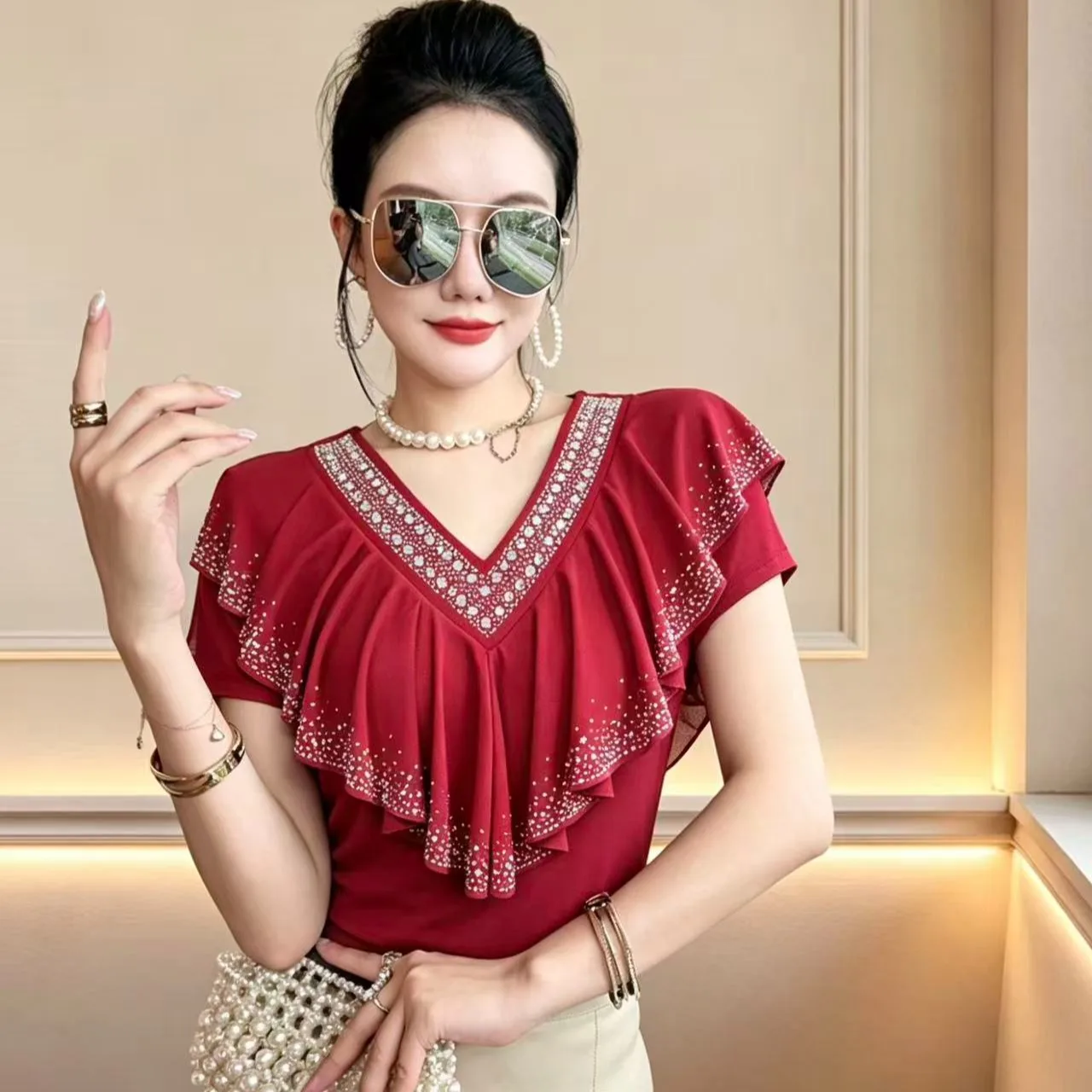 Summer Women's Fashion Slim Fit V-Neck Short Sleeve T-Shirt Heavy Embellished Ruffle Detail Diamond Detailing Trendy Top
