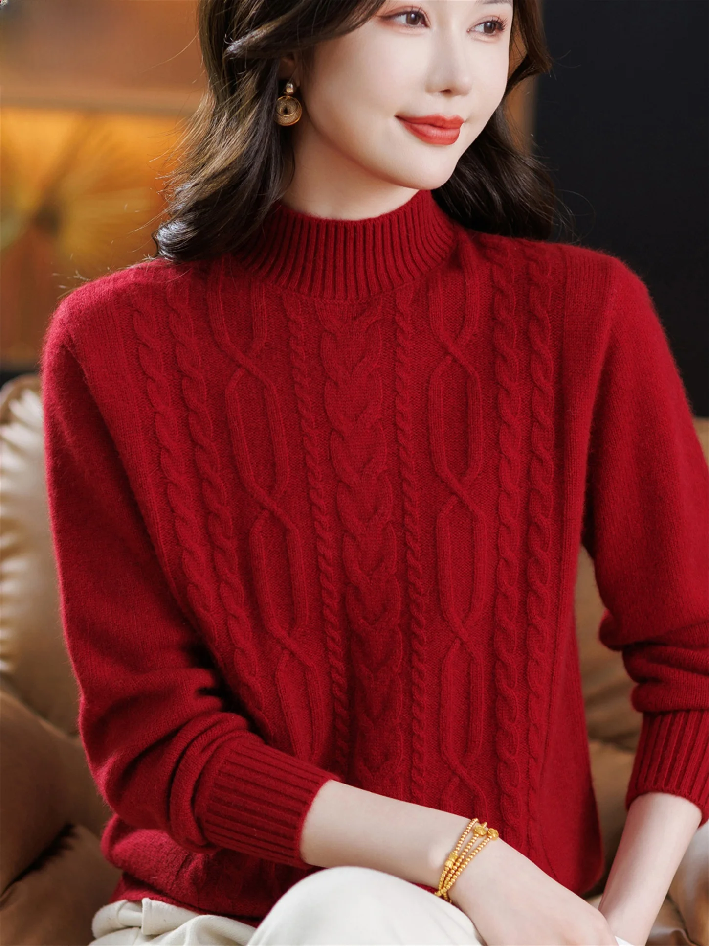 

Утепленный вязаный свитер с высоким воротником для женщин среднего и старшего возраста, зимний модный теплый базовый слой с ромбовидным узором