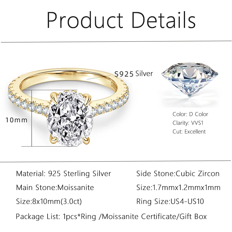 Lnngy Spakling 8x10mm Oval Moissanite Solitaire Ring Bague Argent 925 Sterling Silver Engagement Rings for Women Jewelry Gifts