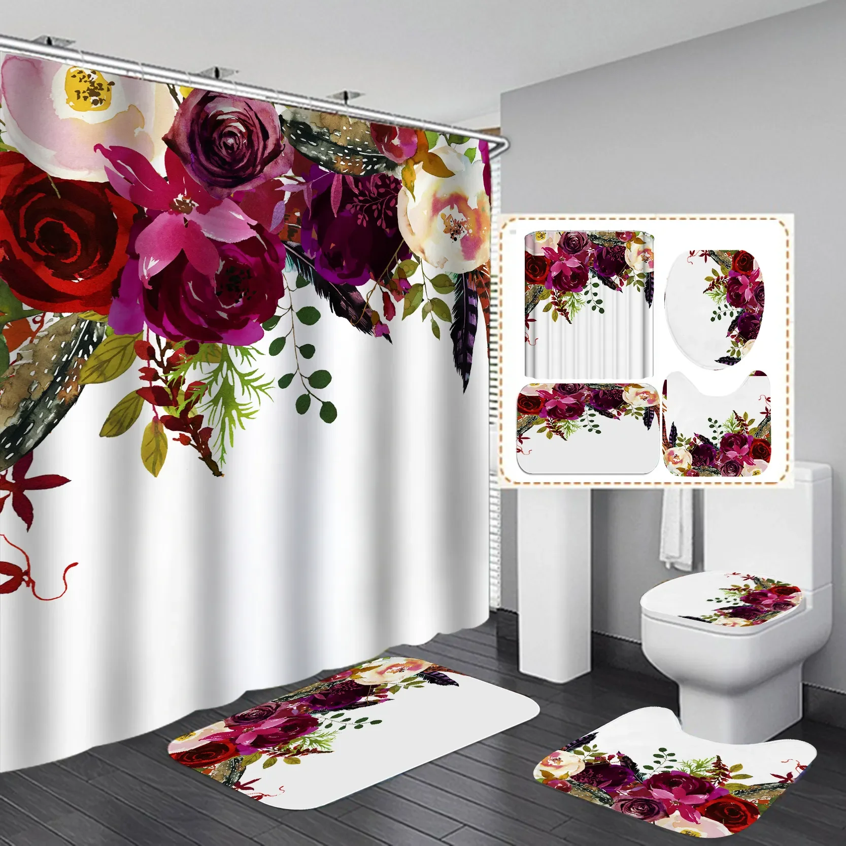 4Pcs Customized Rose Flowers Bathroom Memory Foam Bath Mat Waterproof Polyester Fabric Shower Curtain Set for Bathroom