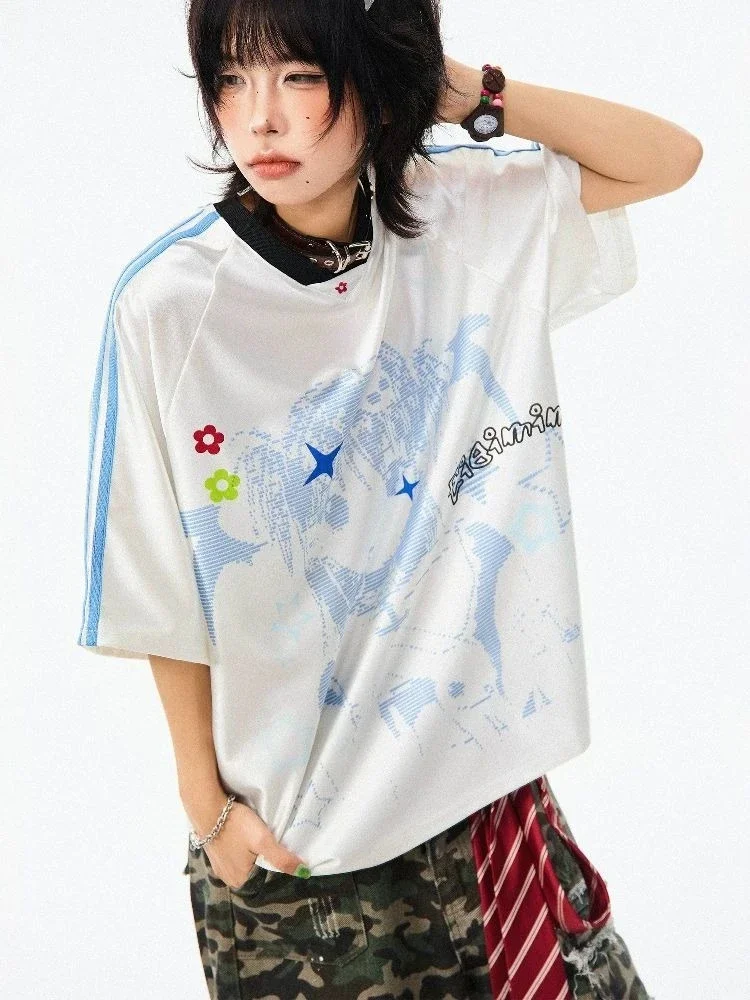 الصيف اليابانية القوطية أنيمي الكرتون طباعة تي شيرت تقليدي المرقعة الشارع الشهير القمم Harajuku انخفاض الكتف بلايز فضفاضة غير رسمية