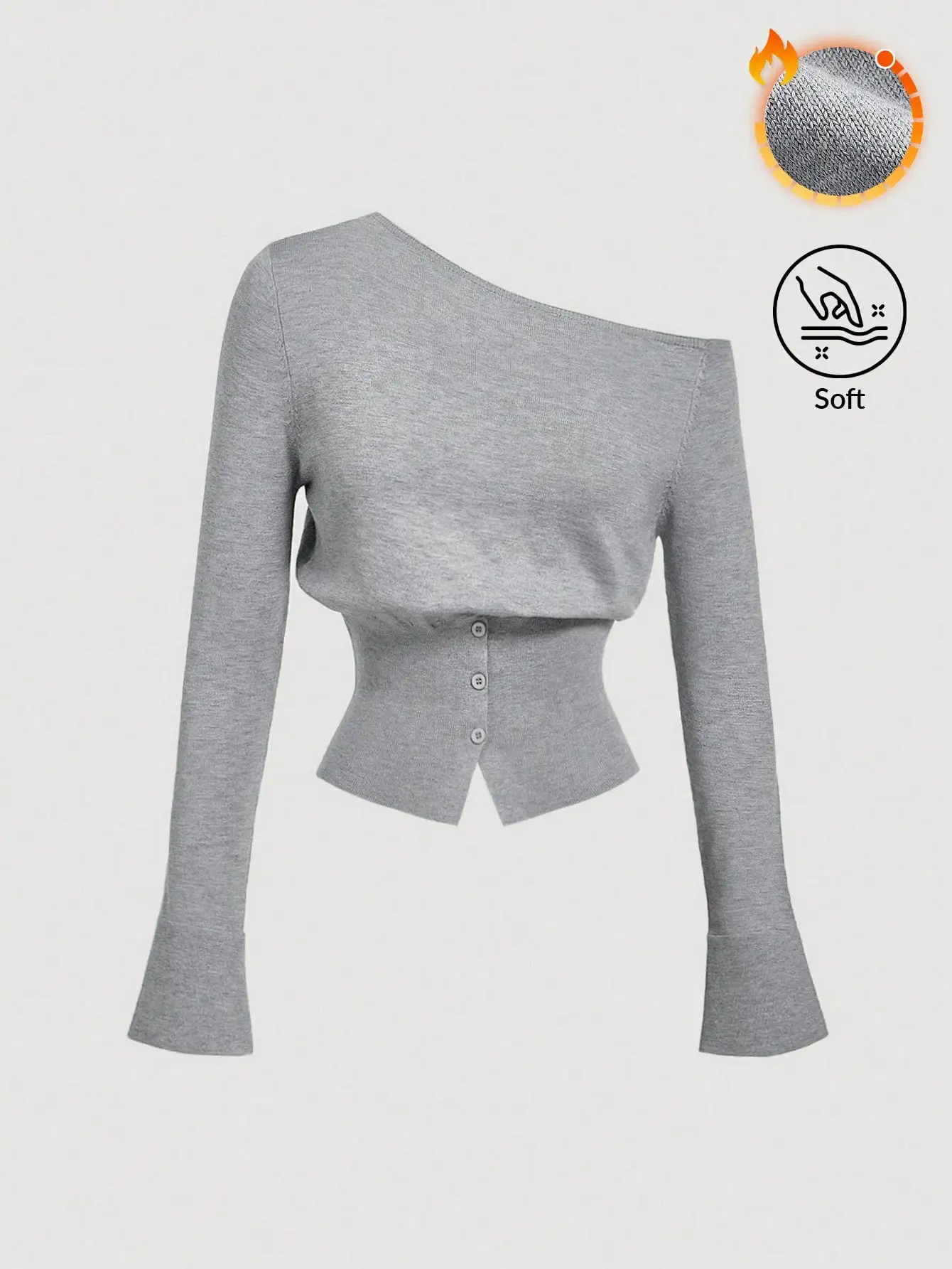 

Women's Gray One-Shoulder Button-Up Cropped Sweater with Flared Sleeves, Fall/Winter Casual Knit Top