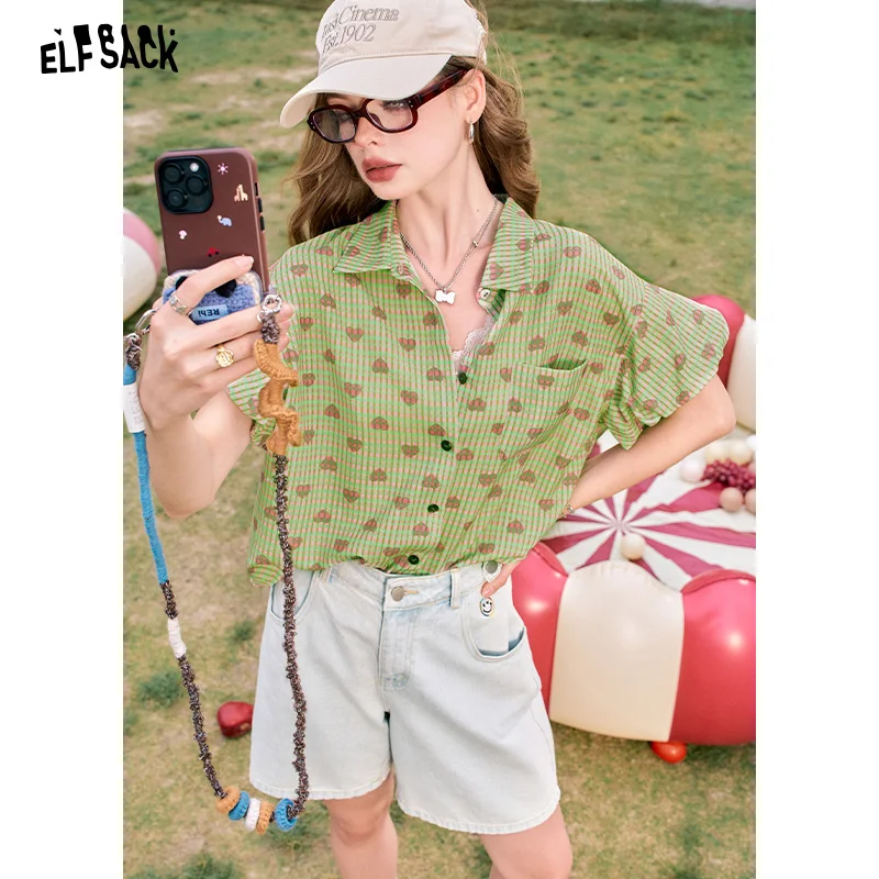 

ELFSACK 2024 Summer New Arrivals Green Button Love Print Plaid Flower Sleeve Temperament Short Sleeve Shirt for Women