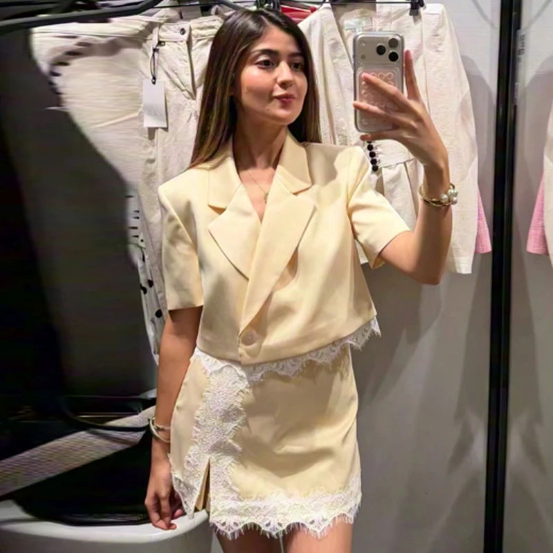 HXAO Spitzen-Set mit gelben Shorts und Röcken, Sommeranzug für Damen, kurzärmlige Blazer-Outfits, Mini-High-Waist-Culottes, Strandanzüge – Detail 9