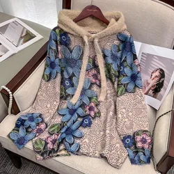 Women's Clothing Vintage Diamonds Hooded Sweaters Autumn Winter Loose Elegant Jacquard Knitted Pullovers Thick Soft Wool Top