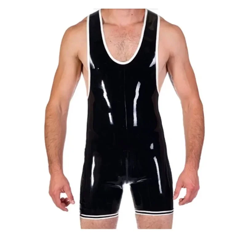 Latex Rompers 100% Rubber Gummi Men's Swimming Suit Jumpsuit with Back Crotch Zip Party Black with White Cosplay Costume