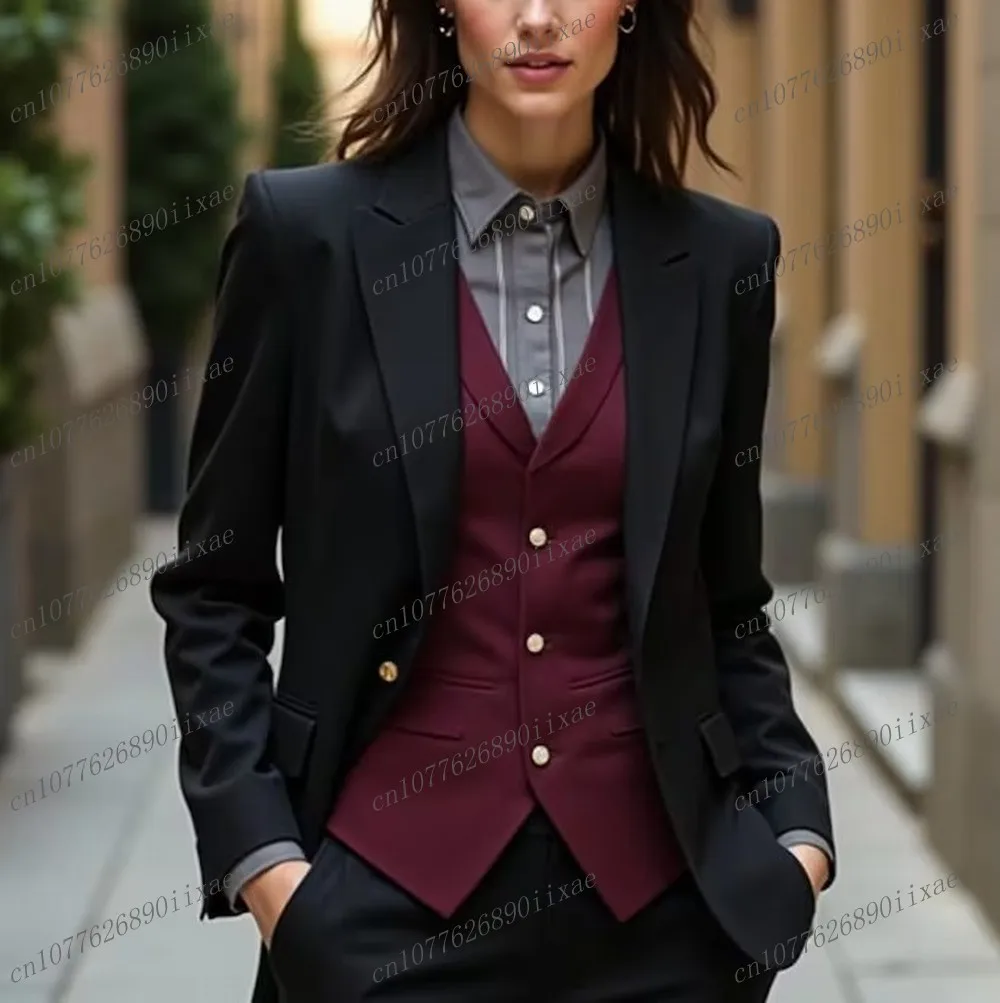 

Black And Burgundy Women Suits Lady Business Office Tuxedos Mother Wedding Party Formal Ladies 3 Piece Set Jacket Vest Pants