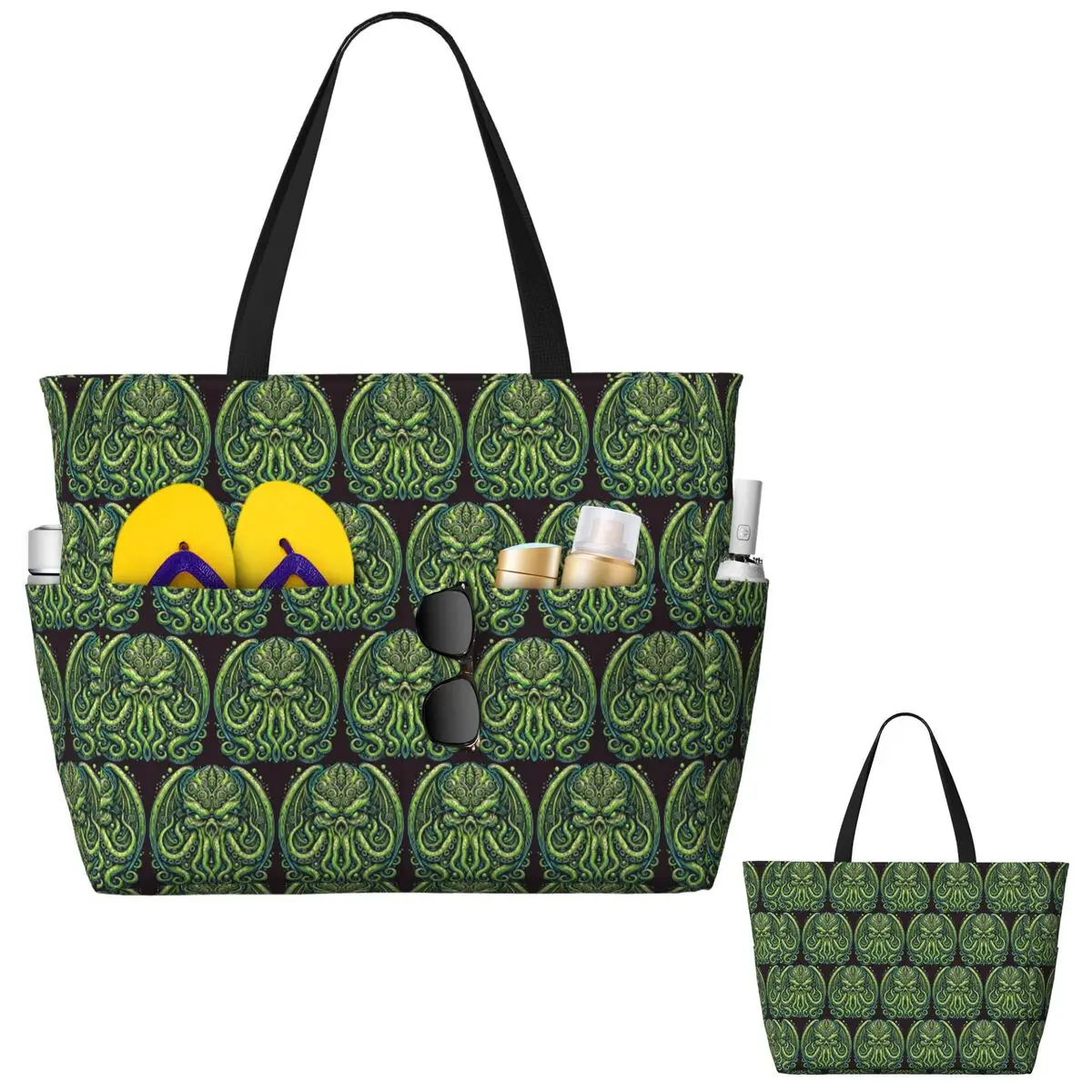 Green Cthulhu Octopus With Tentacles And Teeth Beach Tote Bag Sport Gym Yoga Duffle Large Tote Bag Women Travel Bag Fitness bag