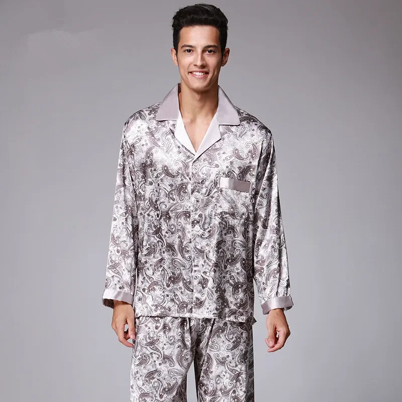 New Luxury Pajamas Men Paisley Pattern Sleepwear Silk Long-sleeved Satin Mens Pyjamas Men\'s Lounge Pajamas Set Plus Size 4XL