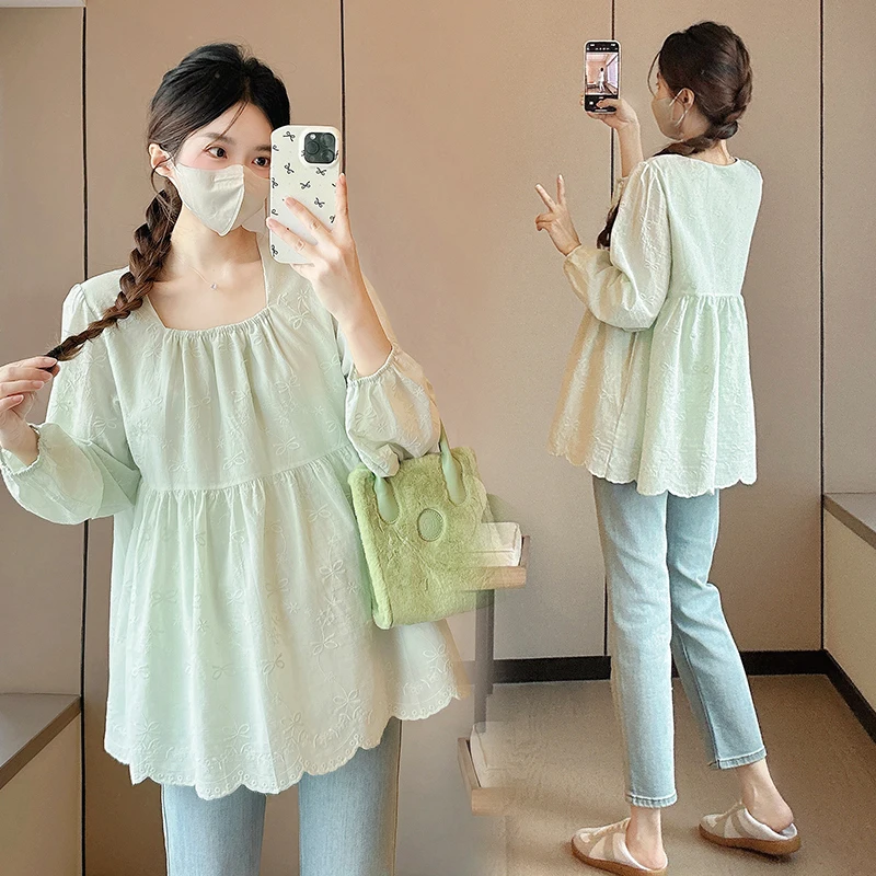 

2026 Spring Summer New Style Cotton Lace Maternity Doll Blouse Fresh Light Loose-fit Slimming Pregnancy Women Top Shirts