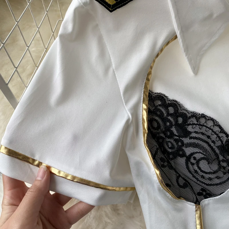 Women Officer Cosplay Lace Patchwork Hollowed Out Gold Border Crop Top With Gold Border Buttons A-line Mini Skirt Sexy Lingerie